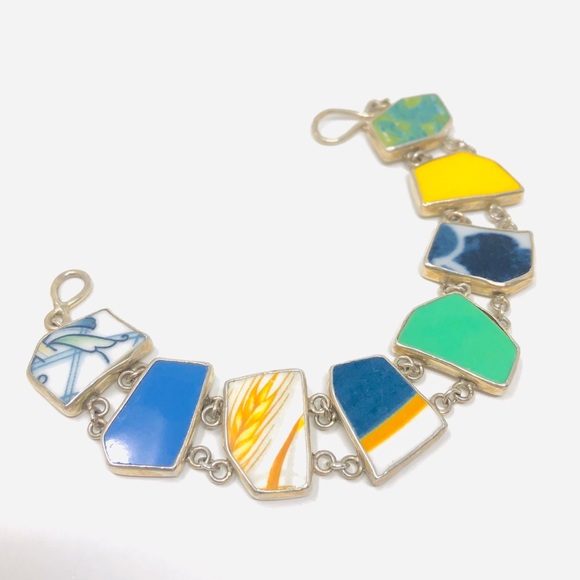 Sterling silver multi geometric shaped inlaid porcelain vintage